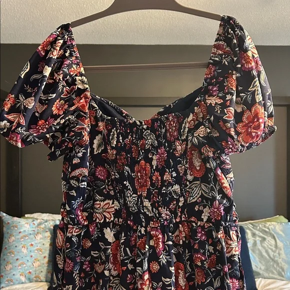 Floral Smocked Jumpsuit with Puff Sleeves - Navy Base with Red & Cream Flowers - Picture 4 of 5